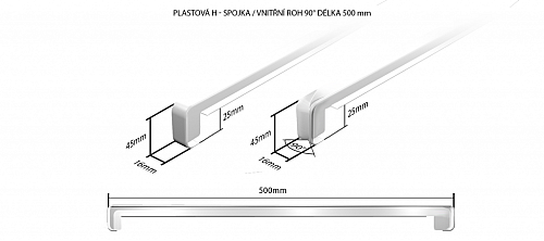 Vnútorné plastové parapety obyčajná ekonomická fólia - Plastová H - spojka / vnútorný roh 90 ° dĺžka 500 mm (k plastovým parapetom EKONOMY)